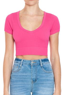 RIBBED SEAMLESS V NECK SHORT SLEEVE CROPPED TOP