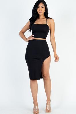 Sexy Solid Color Crisscross Back Cami Crop Top and Split Thigh Midi Skirt Set