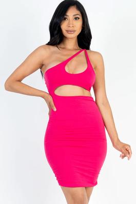 One Shoulder Cut Out Front Ruched Bodycon Mini Dress