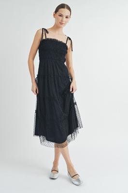Black Smocked Mesh Midi Dress