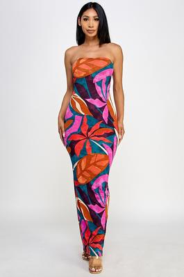 Flower print tube maxi dress