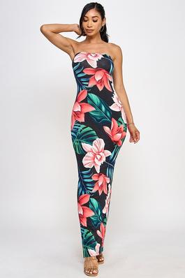 Flower print tube maxi dress