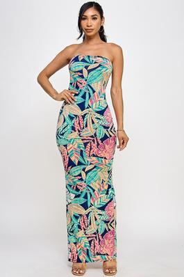 Tropical print tube maxi dress