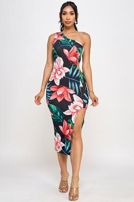 Tropical flower print one shoulder midi dress