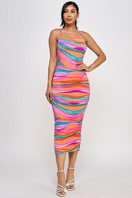 Multi color shirring midi dress