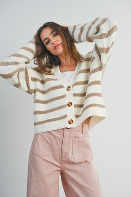 STRIPED BUTTON FRONT LONG SLEEVE CARDIGAN