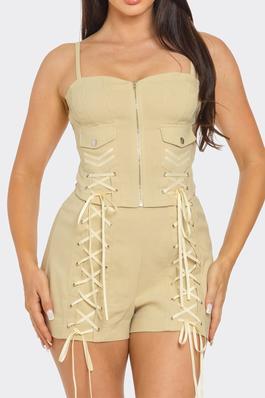 Chic Corset Style Top and Lace Up Shorts Set