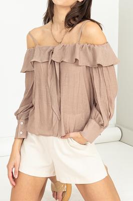 Cold Shoulder Puff Sleeve Ruffled Top