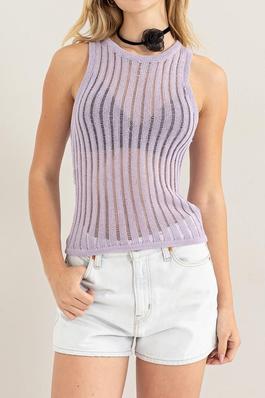 Chic Open Knit Round Neck Tank Top