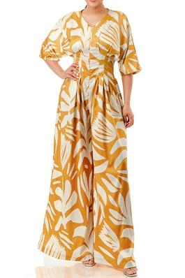 Tropical Wide Leg Palazzo Jumpsuit with V-Neck