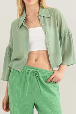 Chic Cropped Shirt with Gathered Half Sleeves