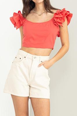 Romantic Ruffle Shoulder Cropped Top