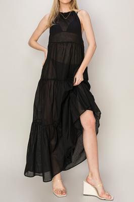 Cotton Voile Tiered Maxi Dress with Halter Neck