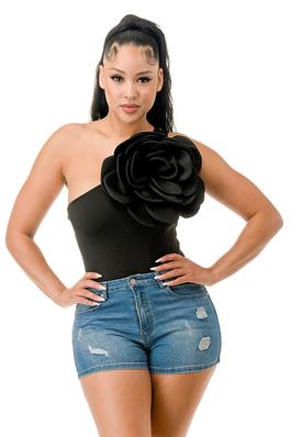 One Shoulder Flower Top Bodysuit