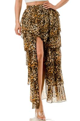 Open Front Tiered Ruffle Flare Printed Maxi Skirt