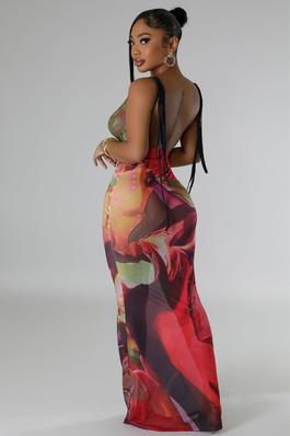 Backless Mesh Maxi Dress with Spaghetti Straps