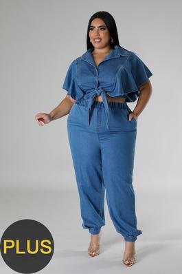 Chic Non-Stretch Denim Set with High-Waisted Pants