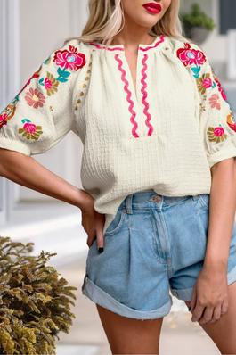 Floral Embroidered Puff Sleeve Textured Blouse