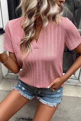 Pink Twisted Textured V Neck Short Sleeve Top