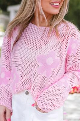 Pink Flower Hollowed Knit Drop Shoulder Sweater