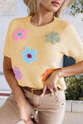 Yellow Cute Flower Applique Short Sleeve Sweater