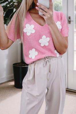 Pink Flower Decor Short Sleeve Sweater Top