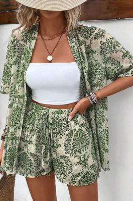 Green Vintage Floral Open Top and Shorts Outfit