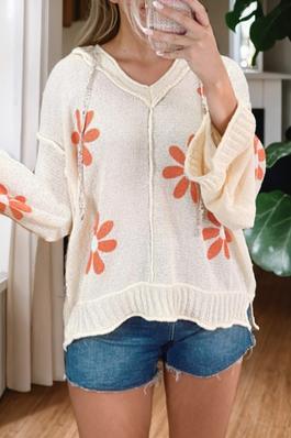 Floral Knitted Exposed Seam V Neck Hooded Sweater