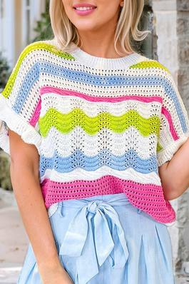 Colorblock Crochet Knit Short Sleeve Sweater Top