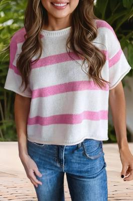 Pink Stripe Dropped Short Sleeve Knitted Top
