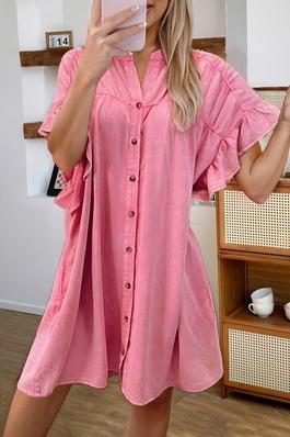 Pink Ruffled Short Sleeve Denim Mini Dress
