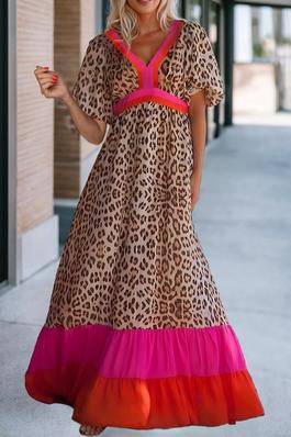 Pink Leopard Colorblock Bubble Sleeve Maxi Dress