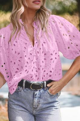 Pink Flower Embroidered Puff Sleeve Blouse
