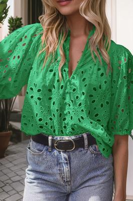 Hollow-out Flower Embroidered Puff Sleeve Blouse