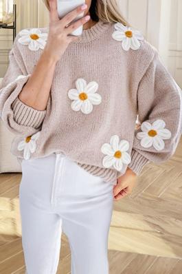 khaki Floral Crochet Chunky Knit Sweater