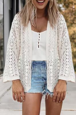 White Hollow Out Knit Drop Shoulder Cardigan