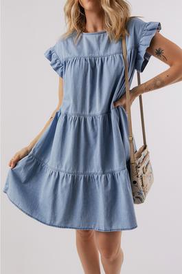 Blue Ruffle Short Sleeve Tiered A-line Denim Dress