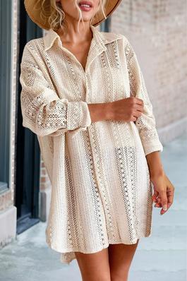 Beige Lace Crochet Collared Tunic Oversized Shirt