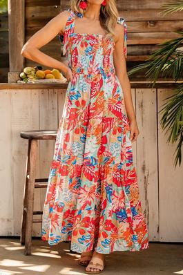 Multicolor Tropical Ruffle Tiered Maxi Dress