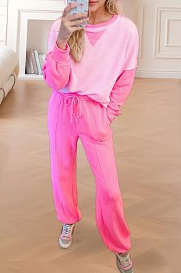 Pink Contrast Pullover and Drawstring Joggers Set