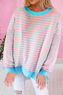 Pink Stripe Contrast High Low Pullover Sweatshirt