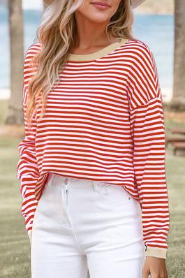 Red Contrast Trimmed Striped Drop Shoulder Sweater