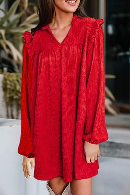 Red Knit Ruffled Trim V Neck Loose Fit Mini Dress