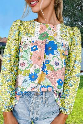 Green Floral Mixed Print Top Blouse