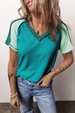Green Seam Color Block Knitted V Neck T-shirt