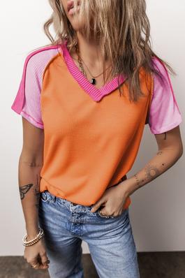 Orange Seam Color Block Knitted V Neck T-shirt