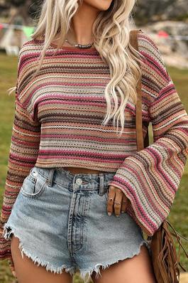 Rose Red Ethic Striped Wide Long Sleeve Crop Top