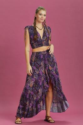 Split Front Frill Hem Purple Print Long Gypsy Skirt