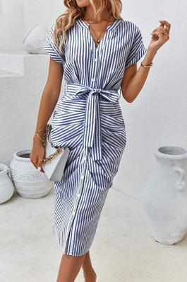 STRIPED PRINT BATWING SLEEVE BELTED DRESS