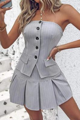STRIPED BUTTONED BANDEAU TOP RUCHED SKIRT SET